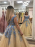 A Line Light Champagne Tulle Appliques Prom Dress LBQ4099